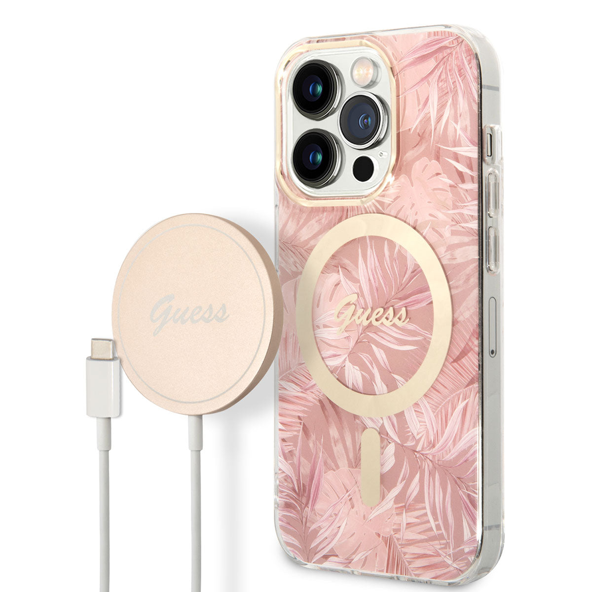iPhone 14 Pro Max Kılıf GUESS M-safe Şarj Özellikli Yaprak Desenli M-safe Şarj Kablolu Kılıf
