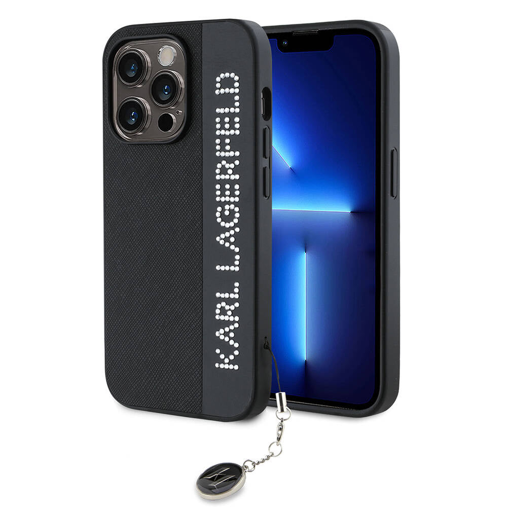 iPhone 14 Pro Max Kılıf Karl Lagerfeld Orijinal Lisanslı Anahtarlıklı Taşlı KL Yazılı Saffiano Rhinestones Kılıf