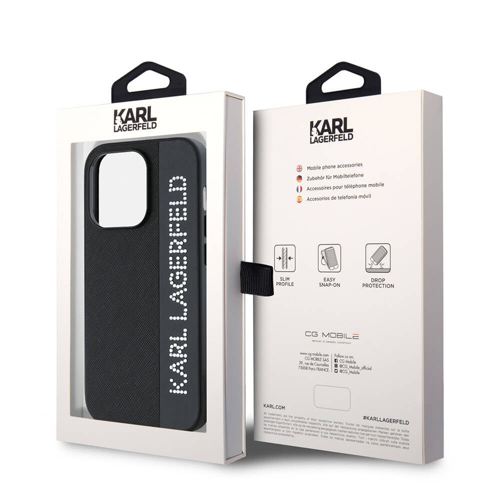 iPhone 14 Pro Max Kılıf Karl Lagerfeld Orijinal Lisanslı Anahtarlıklı Taşlı KL Yazılı Saffiano Rhinestones Kılıf