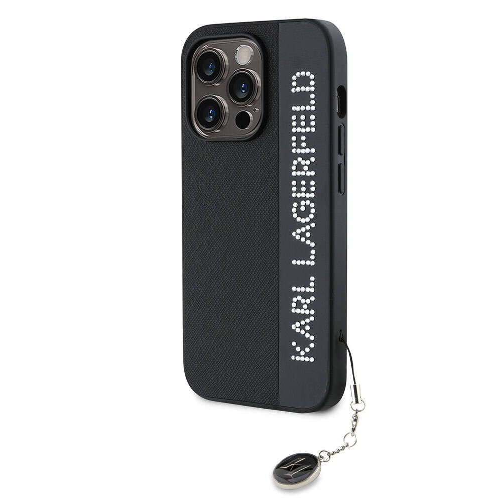 iPhone 14 Pro Max Kılıf Karl Lagerfeld Orijinal Lisanslı Anahtarlıklı Taşlı KL Yazılı Saffiano Rhinestones Kılıf