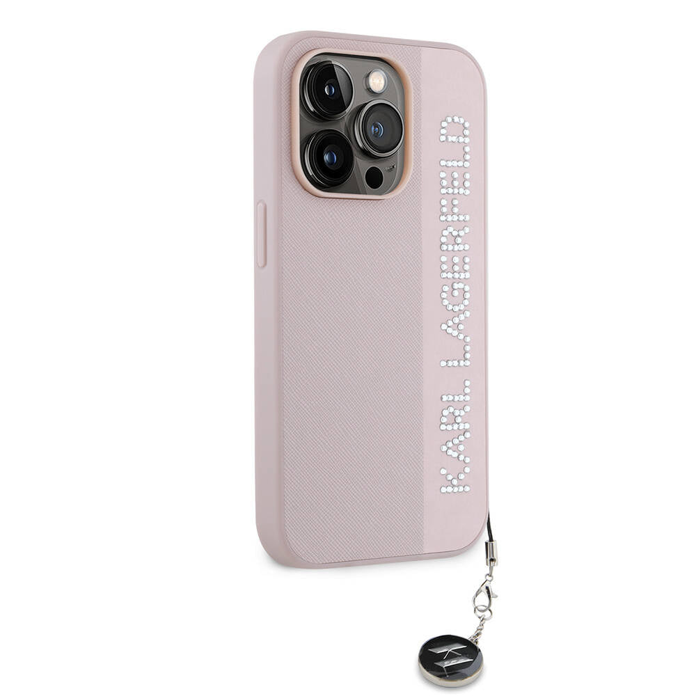 iPhone 14 Pro Max Kılıf Karl Lagerfeld Orijinal Lisanslı Anahtarlıklı Taşlı KL Yazılı Saffiano Rhinestones Kılıf