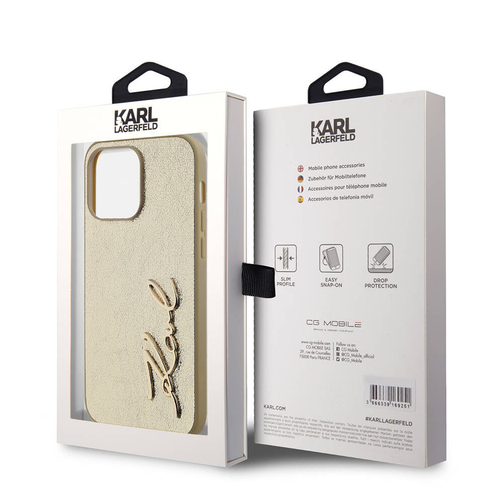iPhone 14 Pro Max Kılıf Karl Lagerfeld orijinal Lisanslı 3D KL Yazılı Tüylü Arka Yüzey Saffiano Rhinestones Kılıf