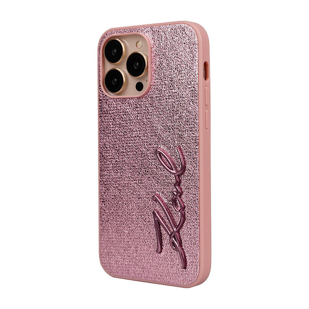 iPhone 14 Pro Max Kılıf Karl Lagerfeld orijinal Lisanslı 3D KL Yazılı Tüylü Arka Yüzey Saffiano Rhinestones Kılıf