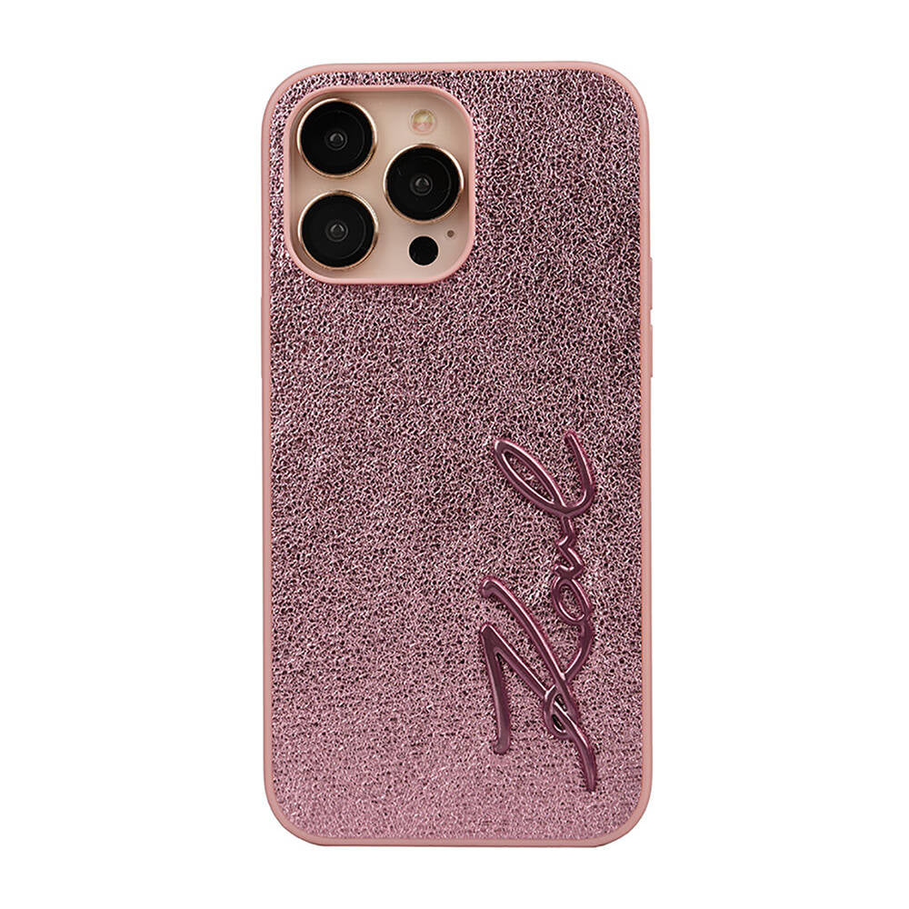 iPhone 14 Pro Max Kılıf Karl Lagerfeld orijinal Lisanslı 3D KL Yazılı Tüylü Arka Yüzey Saffiano Rhinestones Kılıf