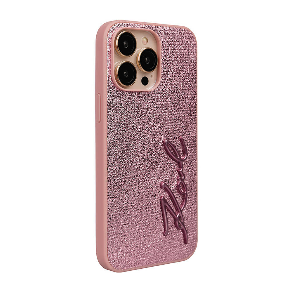 iPhone 14 Pro Max Kılıf Karl Lagerfeld orijinal Lisanslı 3D KL Yazılı Tüylü Arka Yüzey Saffiano Rhinestones Kılıf