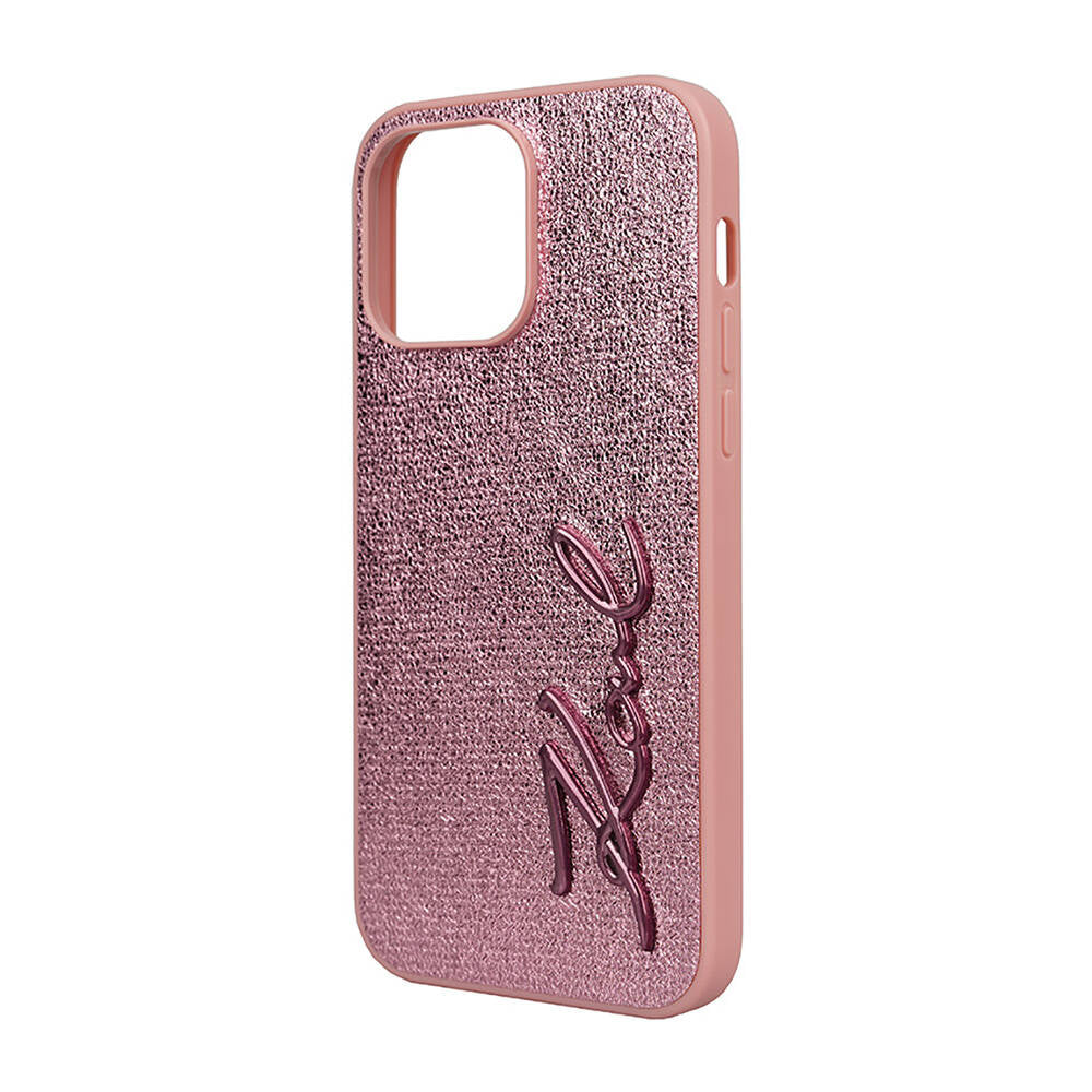 iPhone 14 Pro Max Kılıf Karl Lagerfeld orijinal Lisanslı 3D KL Yazılı Tüylü Arka Yüzey Saffiano Rhinestones Kılıf