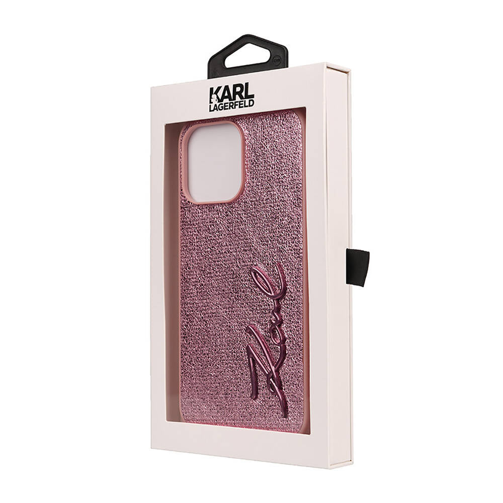 iPhone 14 Pro Max Kılıf Karl Lagerfeld orijinal Lisanslı 3D KL Yazılı Tüylü Arka Yüzey Saffiano Rhinestones Kılıf