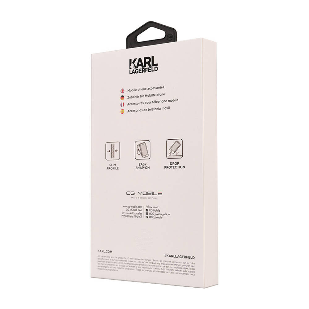 iPhone 14 Pro Max Kılıf Karl Lagerfeld orijinal Lisanslı 3D KL Yazılı Tüylü Arka Yüzey Saffiano Rhinestones Kılıf