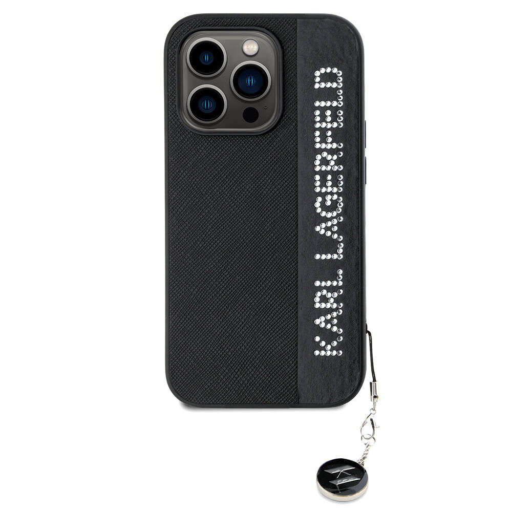 iPhone 14 Pro Max Kılıf Karl Lagerfeld orijinal Lisanslı Anahtarlıklı Taşlı KL Yazılı Saffiano Rhinestones Kılıf