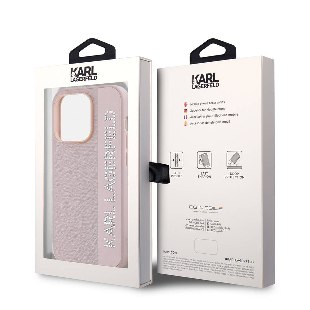 iPhone 14 Pro Max Kılıf Karl Lagerfeld orijinal Lisanslı Anahtarlıklı Taşlı KL Yazılı Saffiano Rhinestones Kılıf
