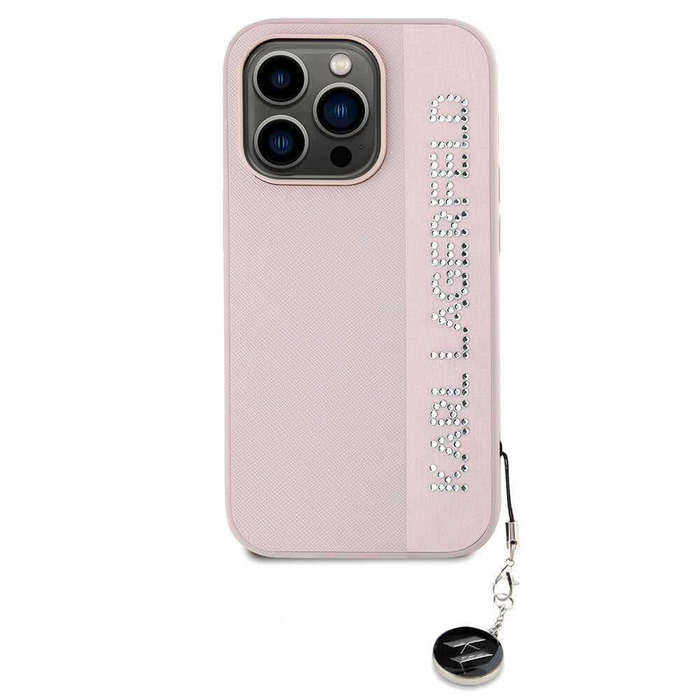 iPhone 14 Pro Max Kılıf Karl Lagerfeld orijinal Lisanslı Anahtarlıklı Taşlı KL Yazılı Saffiano Rhinestones Kılıf