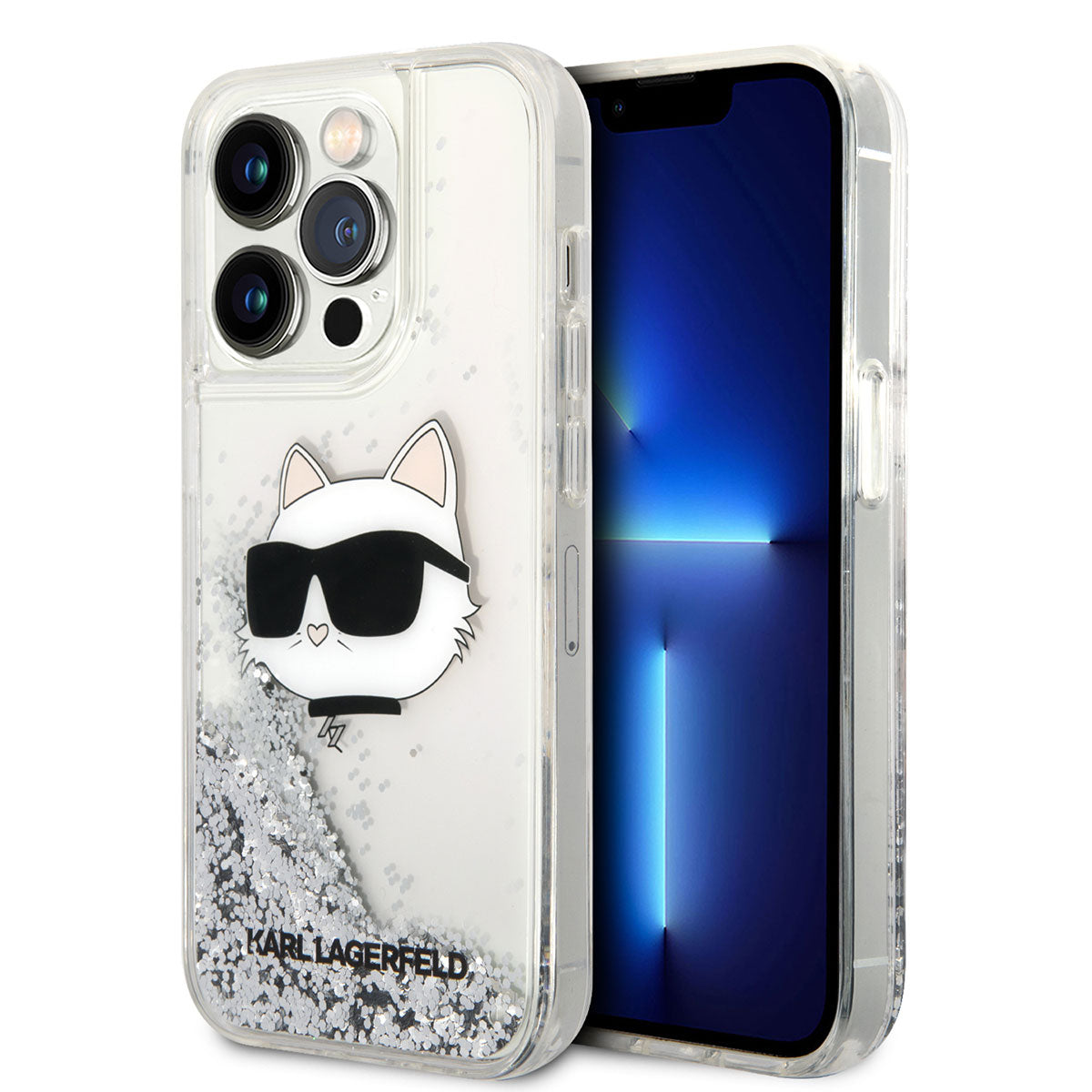 iPhone 14 Pro Max Kılıf Karl Lagerfeld Sıvılı Simli Choupette Head Dizayn Kılıf