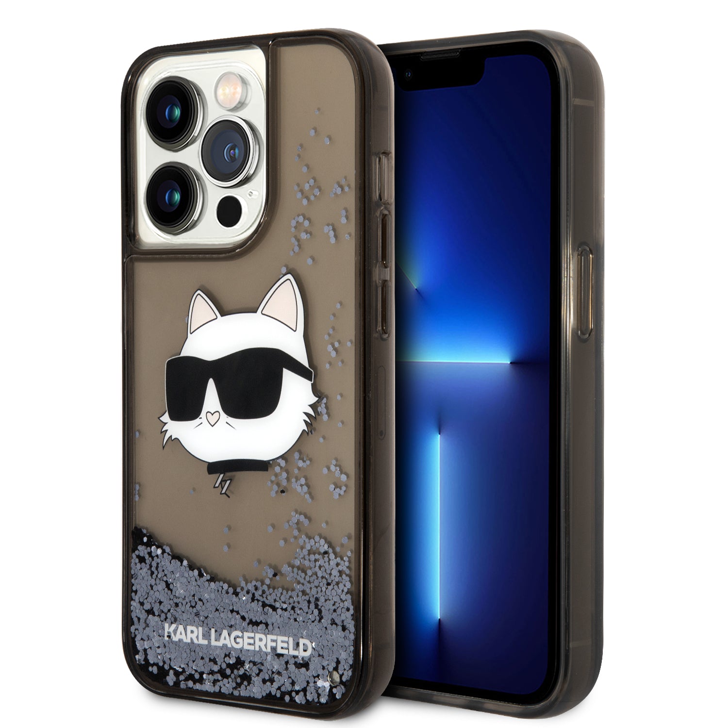 iPhone 14 Pro Max Kılıf Karl Lagerfeld Sıvılı Simli Choupette Head Dizayn Kılıf