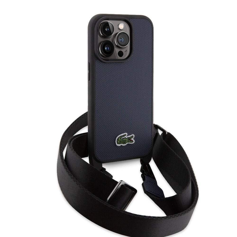 iPhone 14 Pro Max Kılıf Lacoste Orijinal Lisanslı PU Pike Desenli Arka Yüzey Askılı İkonik Timsah Dokuma Logolu Kılıf