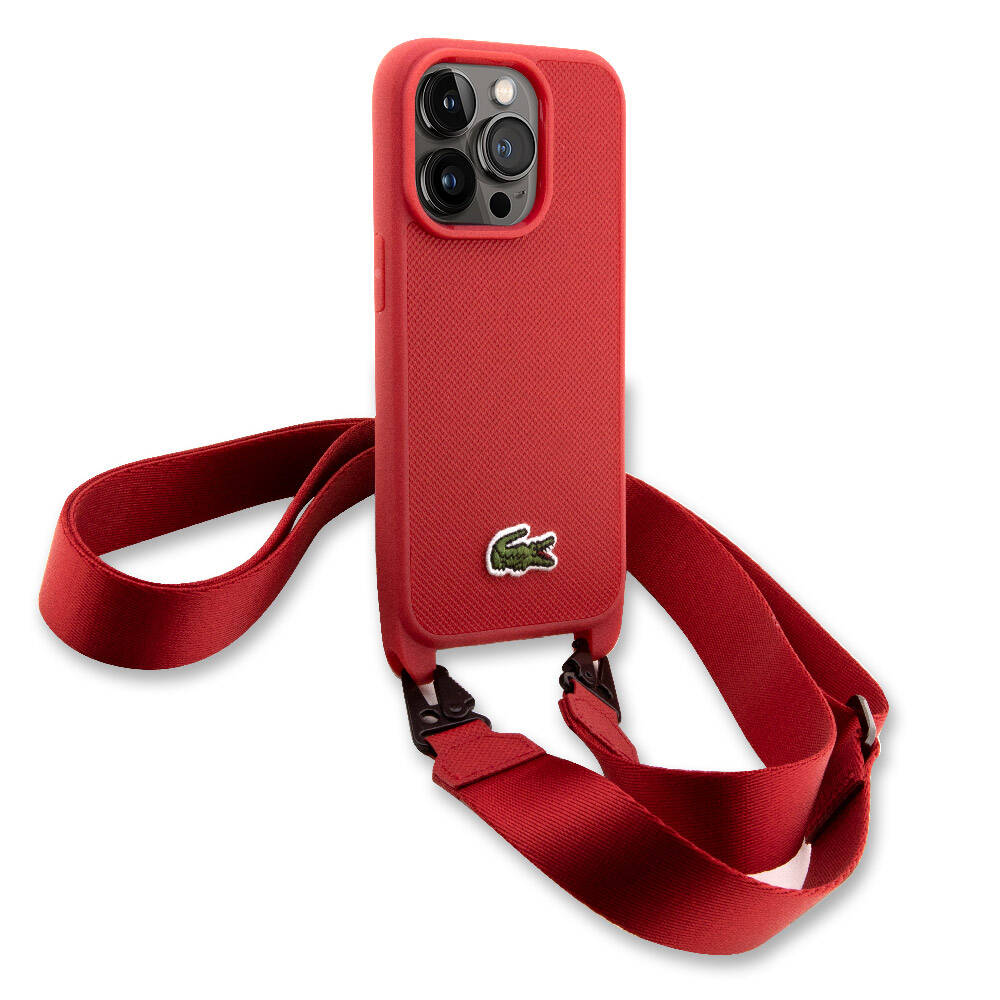 iPhone 14 Pro Max Kılıf Lacoste Orijinal Lisanslı PU Pike Desenli Arka Yüzey Askılı İkonik Timsah Dokuma Logolu Kılıf
