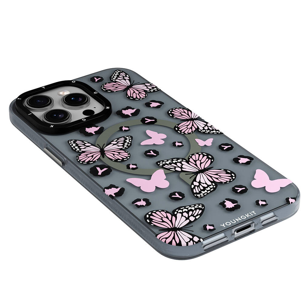 iPhone 14 Pro Max Kılıf M-safe Şarj Özellikli Kelebek Desenli Youngkit Shadow Dance Serisi Kılıf