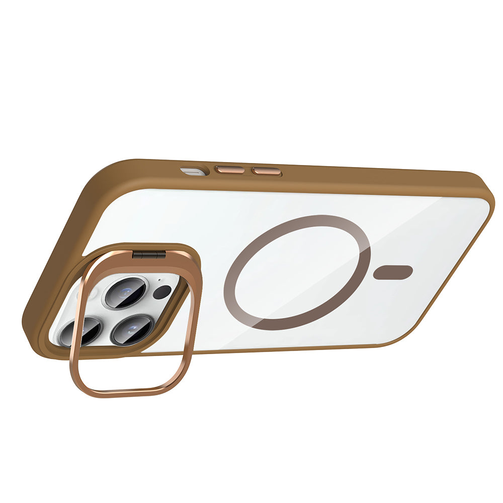 iPhone 14 Pro Max Kılıf Standlı ve Kamera Lens Hediyeli M-Safe Şarj Özellikli Zore Etro Kılıf