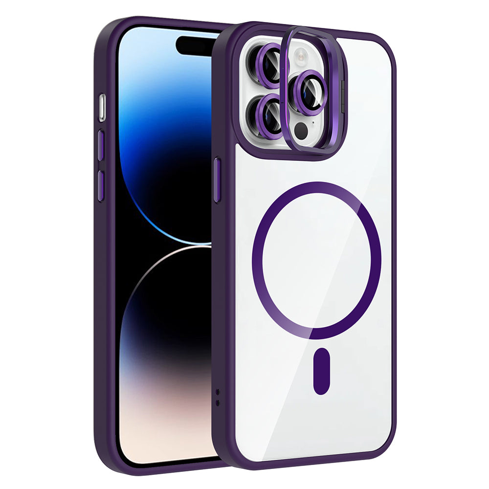 iPhone 14 Pro Max Kılıf Standlı ve Kamera Lens Hediyeli M-Safe Şarj Özellikli Zore Etro Kılıf