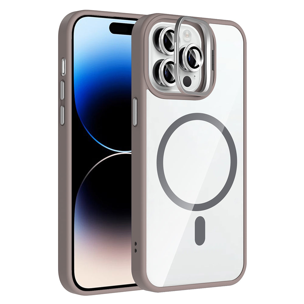 iPhone 14 Pro Max Kılıf Standlı ve Kamera Lens Hediyeli M-Safe Şarj Özellikli Zore Etro Kılıf