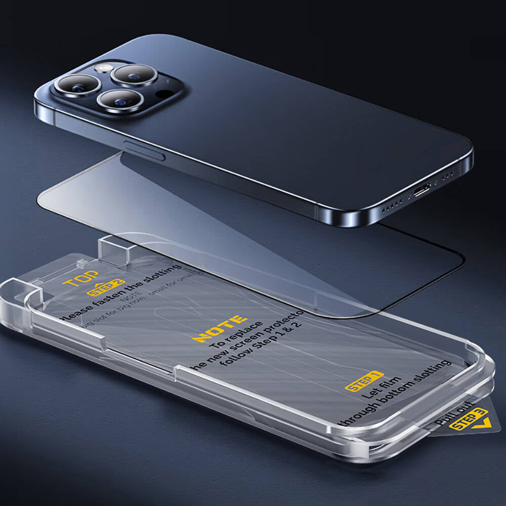 iPhone 14 Wiwu SQ-008 Oleofobik Easy Install Darbeye Karşı Dayanıklı Temperli Cam Ekran Koruyucu + Kolay Uygulama Aparatlı