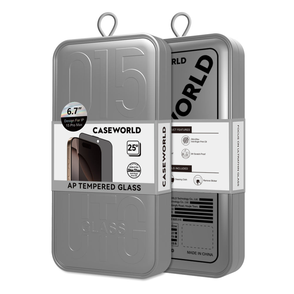 iPhone 15 CaseWorld 0.25mm Privacy 3D Temperli Cam Ekran Koruyucu + Uygulama Aparatlı