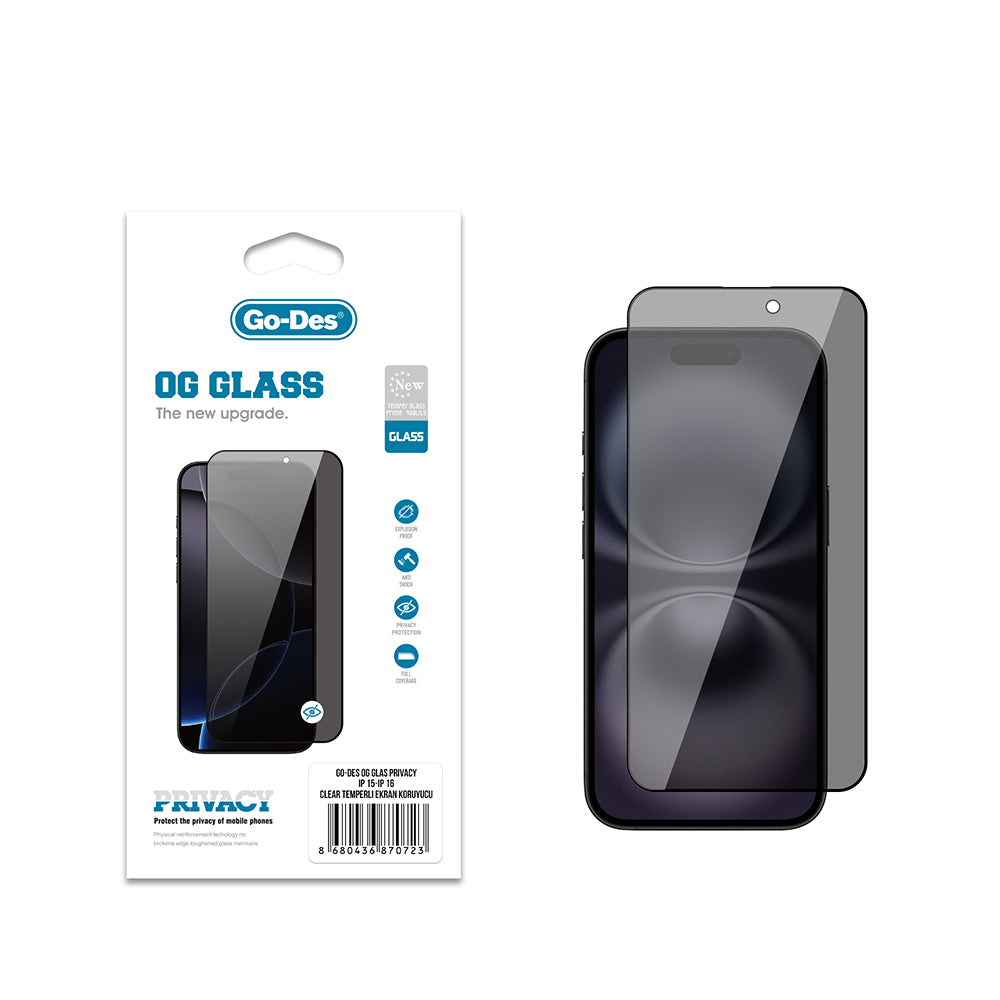 iPhone 15 Go Des OG Glass Privacy Antistatik Temperli Cam Ekran Koruyucu