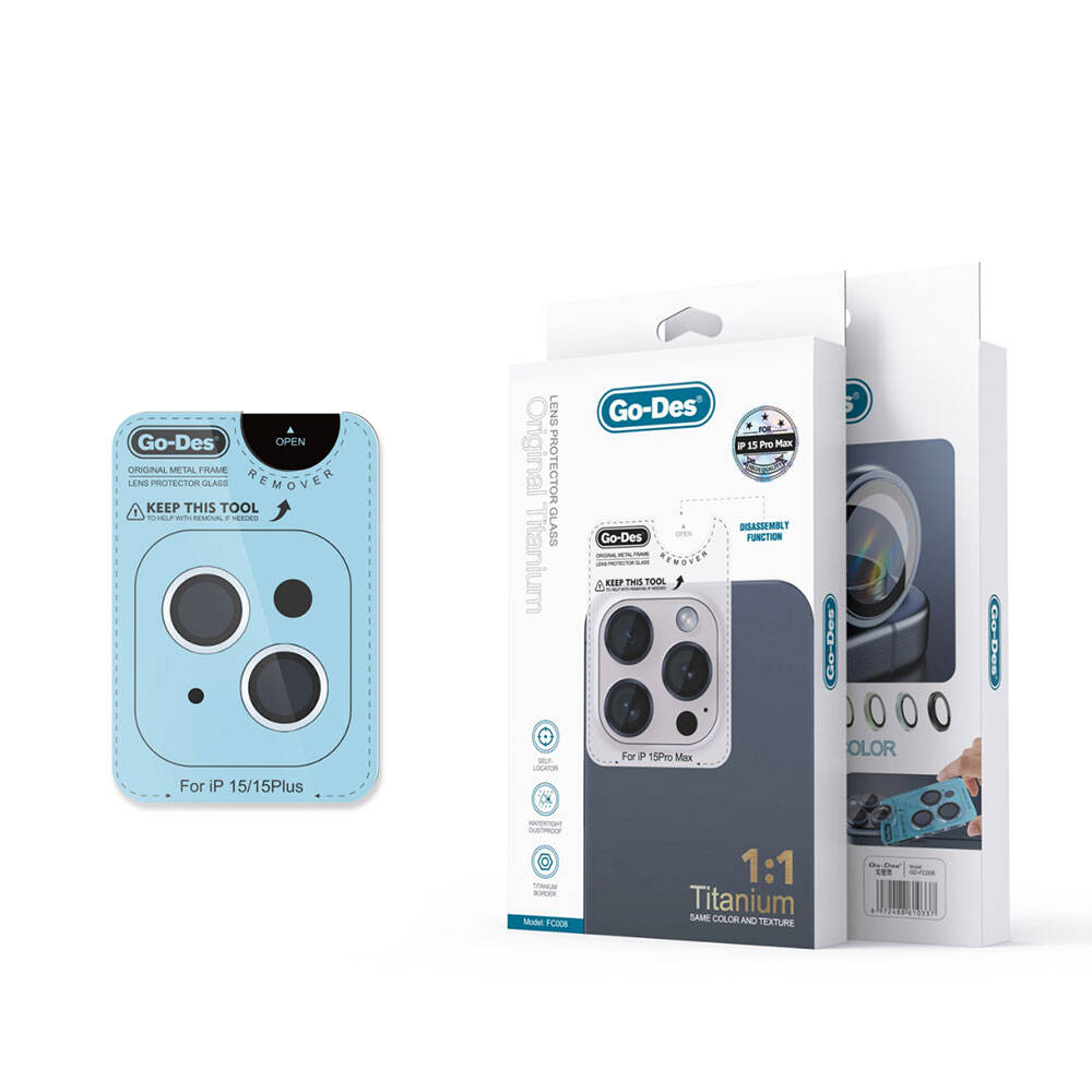 iPhone 15 Go Des Titanium Premium Temperli Kamera Lens Koruyucu