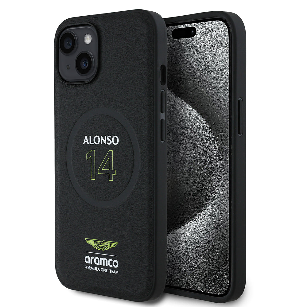 iPhone 15 Kılıf Aston Martin Orijinal Lisanslı M-safe Şarj Özellikli PU Deri Alonso 14 Baskılı Kılıf