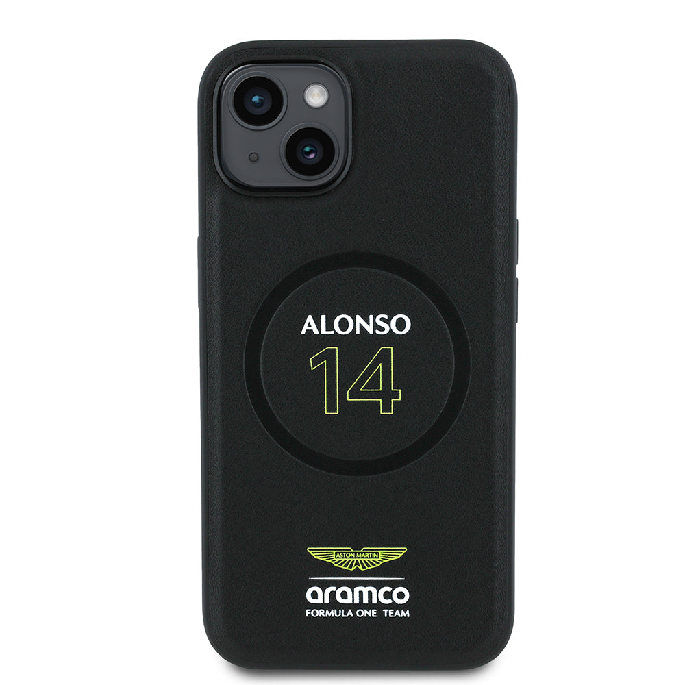 iPhone 15 Kılıf Aston Martin Orijinal Lisanslı M-safe Şarj Özellikli PU Deri Alonso 14 Baskılı Kılıf