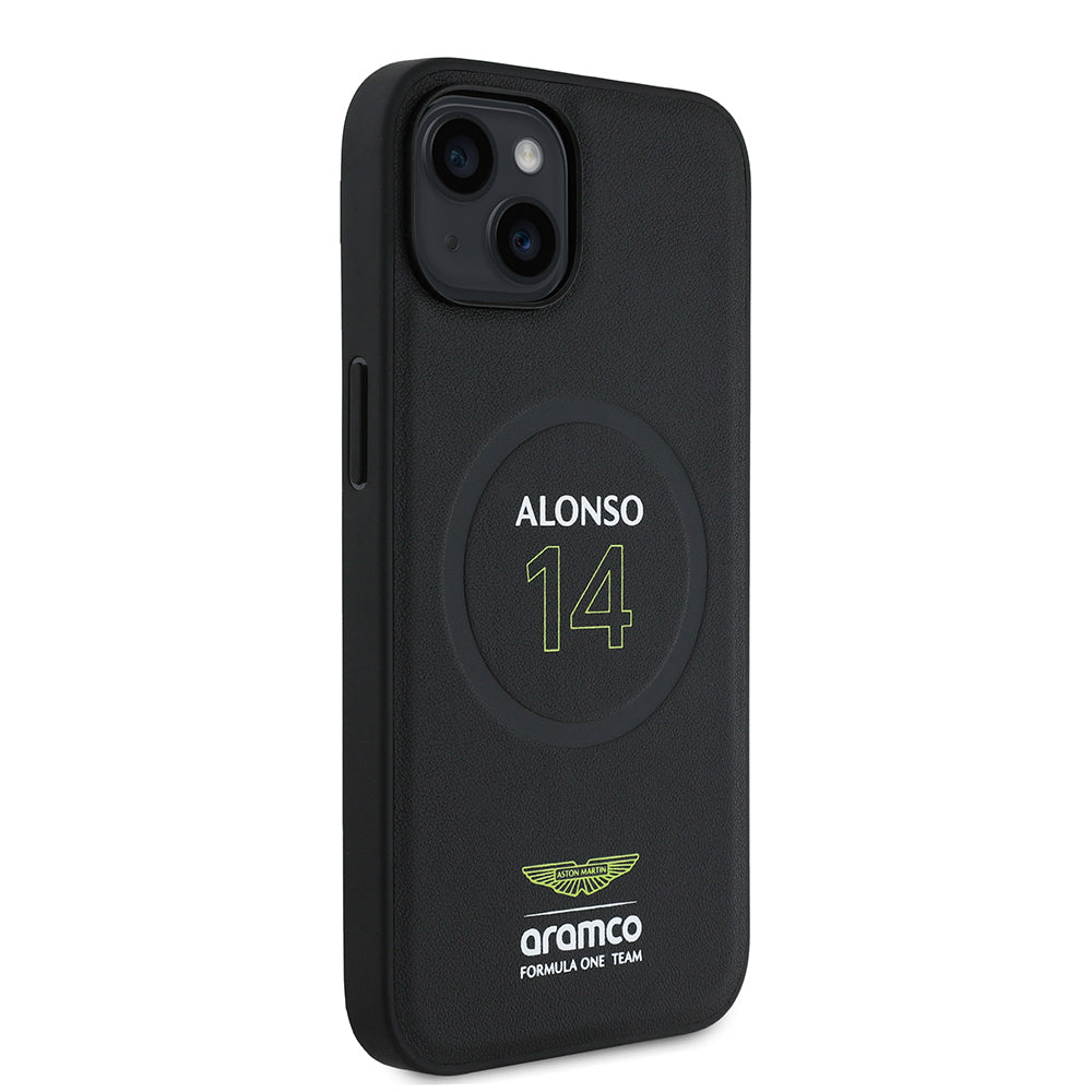 iPhone 15 Kılıf Aston Martin Orijinal Lisanslı M-safe Şarj Özellikli PU Deri Alonso 14 Baskılı Kılıf