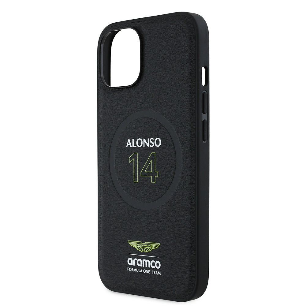 iPhone 15 Kılıf Aston Martin Orijinal Lisanslı M-safe Şarj Özellikli PU Deri Alonso 14 Baskılı Kılıf