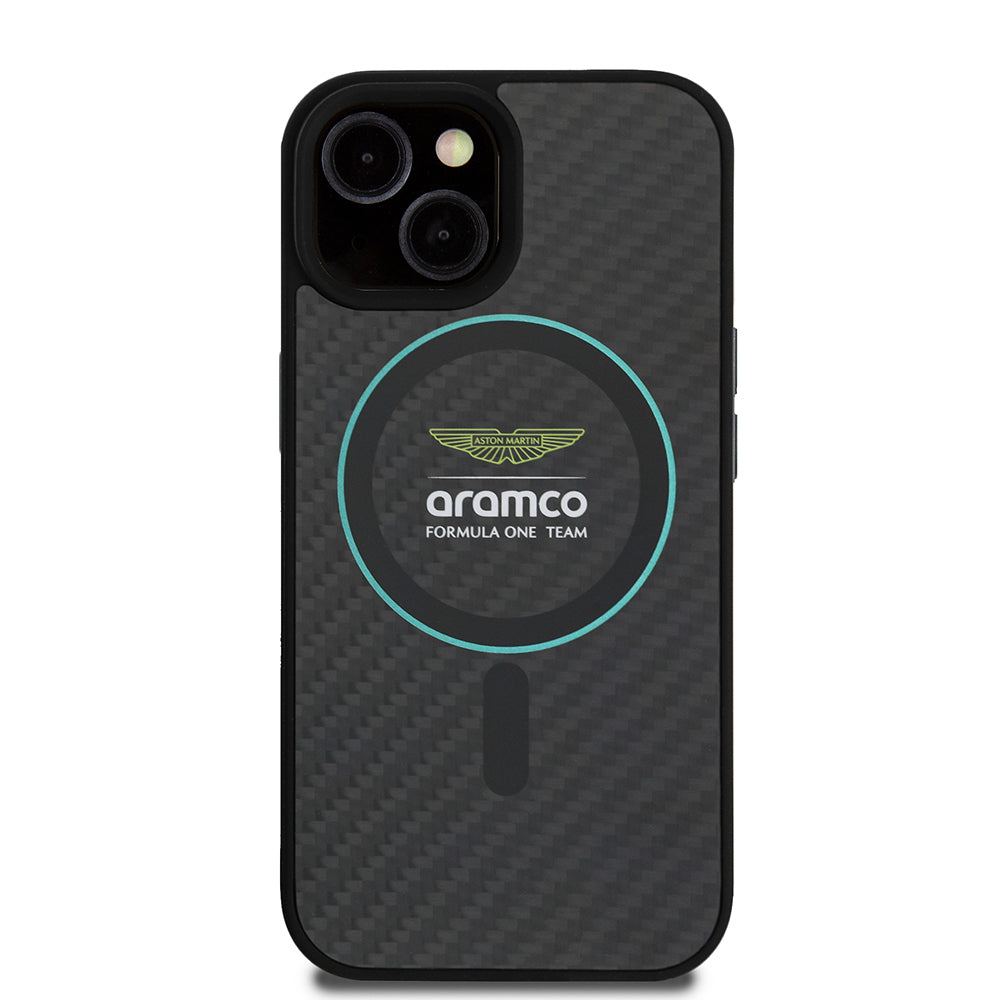 iPhone 15 Kılıf Aston Martin Orijinal Lisanslı M-safe Şarj Özellikli Renkli Halka ve Karbon Fiber Tasarımlı Kılıf