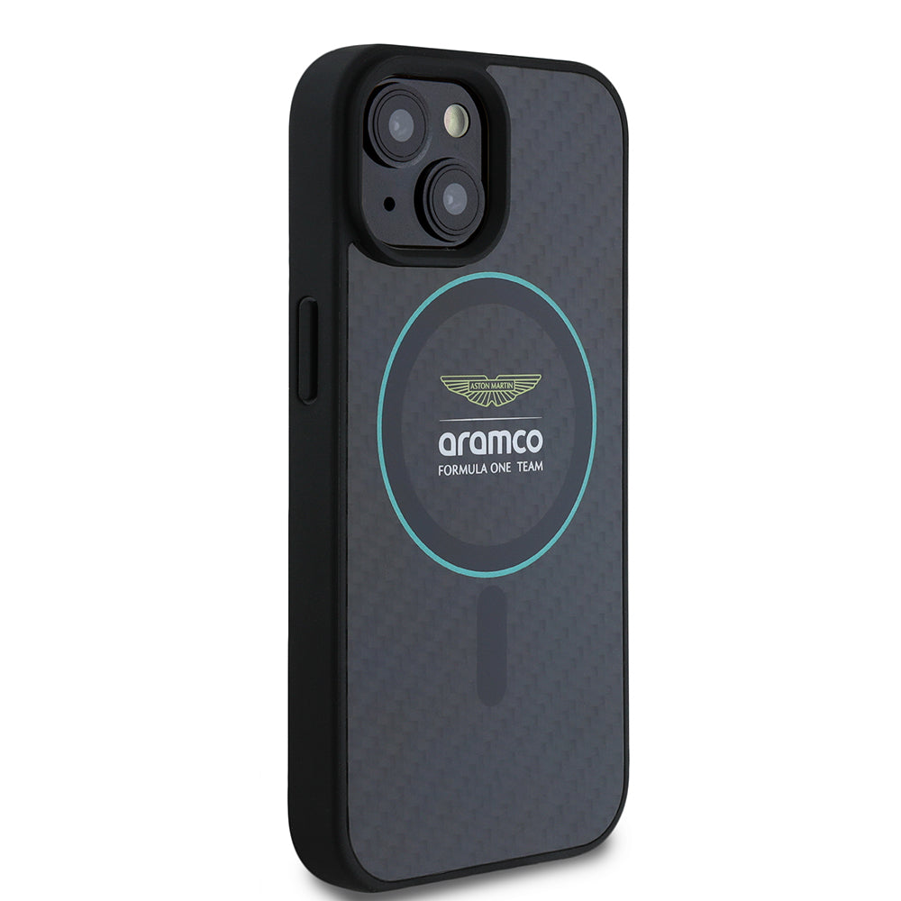 iPhone 15 Kılıf Aston Martin Orijinal Lisanslı M-safe Şarj Özellikli Renkli Halka ve Karbon Fiber Tasarımlı Kılıf