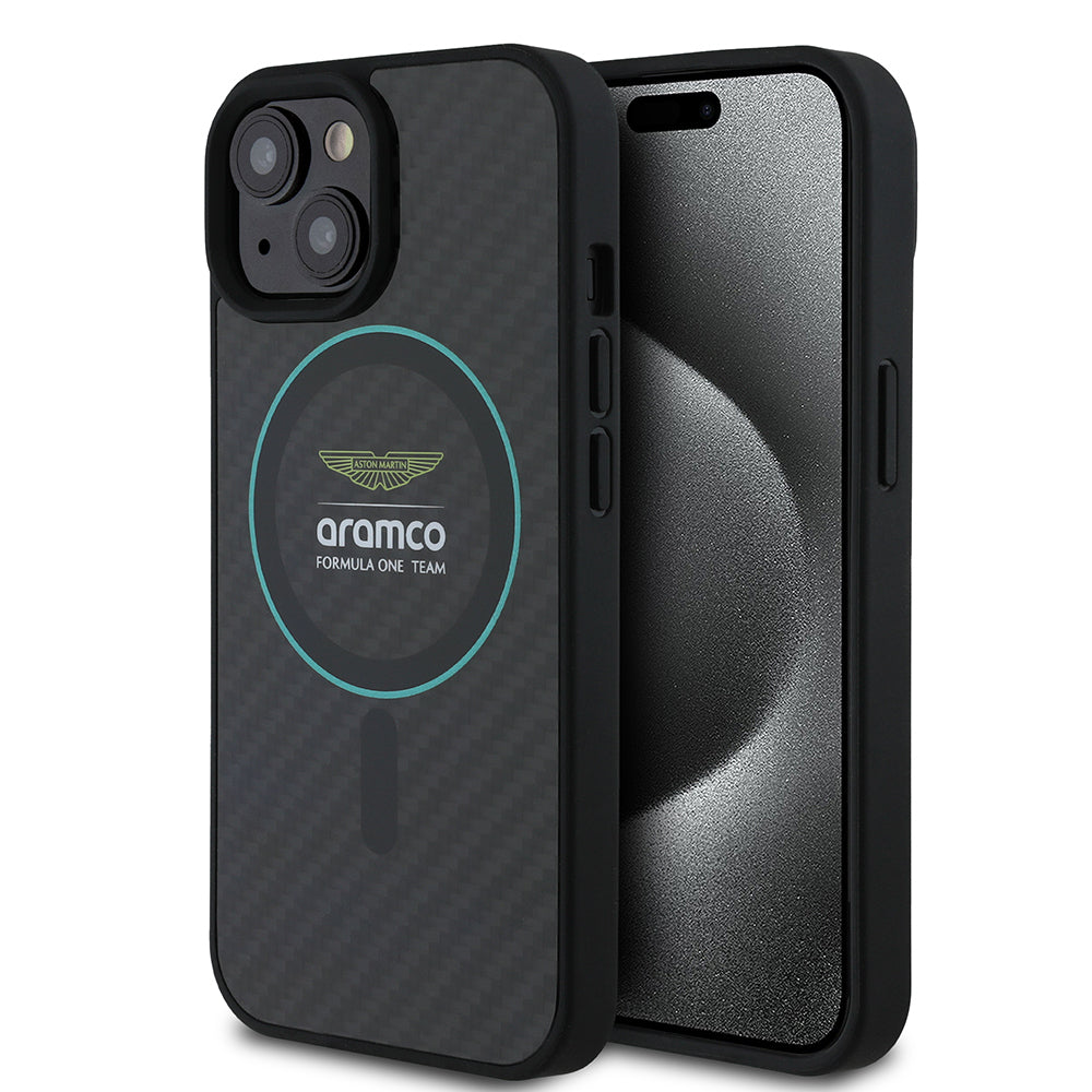 iPhone 15 Kılıf Aston Martin Orijinal Lisanslı M-safe Şarj Özellikli Renkli Halka ve Karbon Fiber Tasarımlı Kılıf