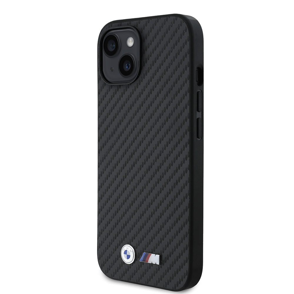 iPhone 15 Kılıf BMW Orijinal Lisanslı Karbon Fiber Tasarımlı ve Metal Logolu PU Deri Kılıf