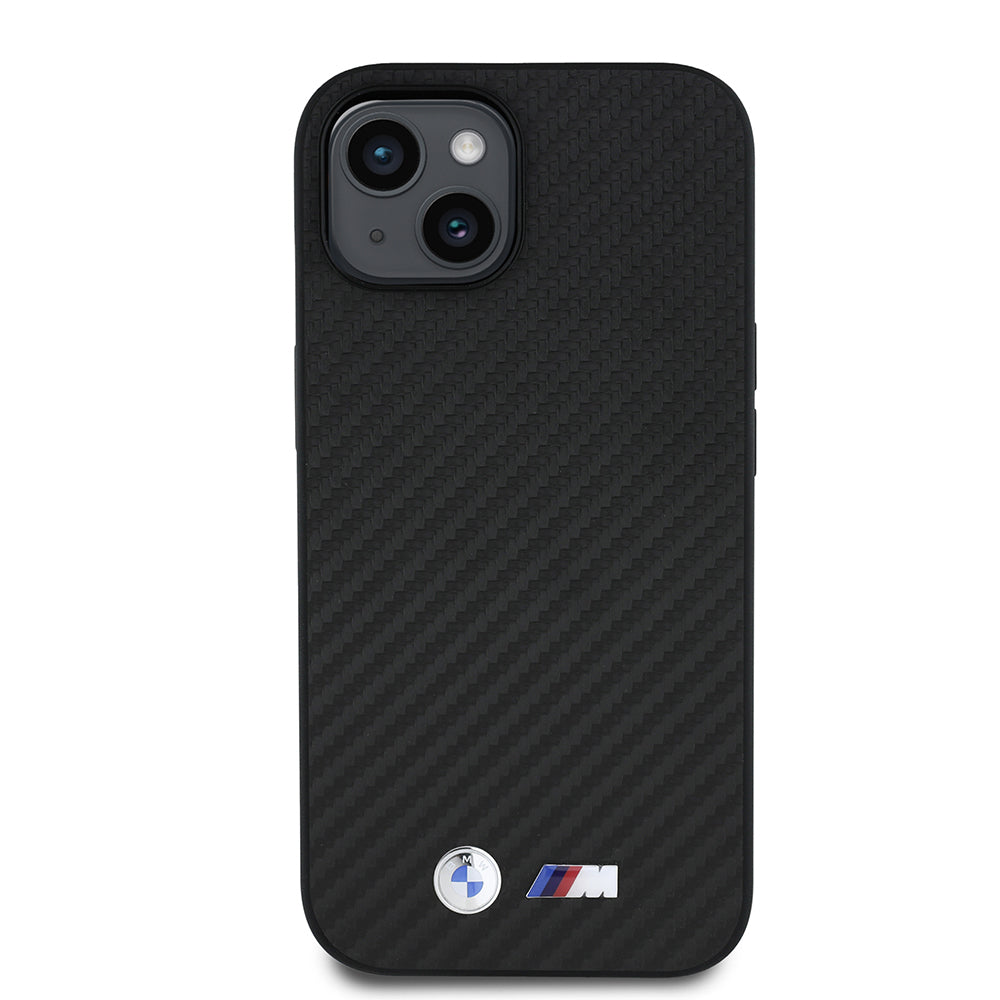 iPhone 15 Kılıf BMW Orijinal Lisanslı Karbon Fiber Tasarımlı ve Metal Logolu PU Deri Kılıf