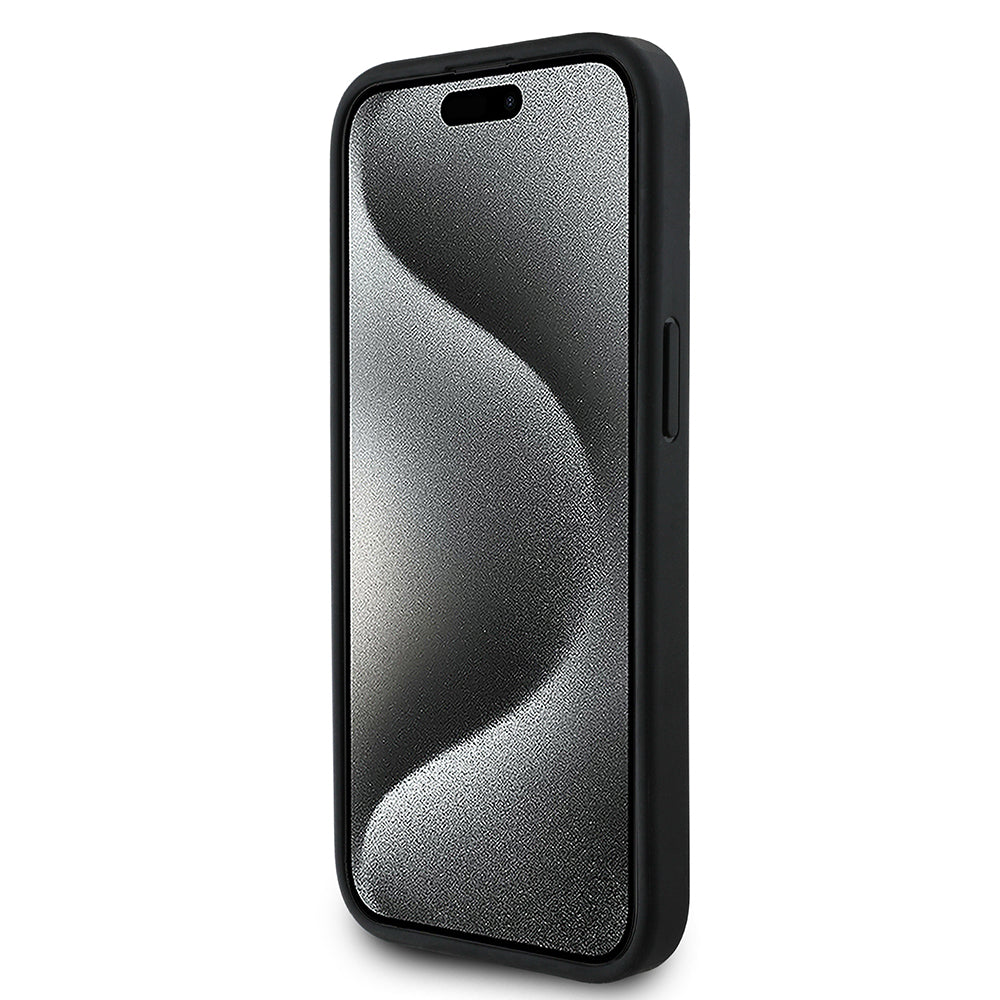 iPhone 15 Kılıf BMW Orijinal Lisanslı Karbon Fiber Tasarımlı ve Metal Logolu PU Deri Kılıf