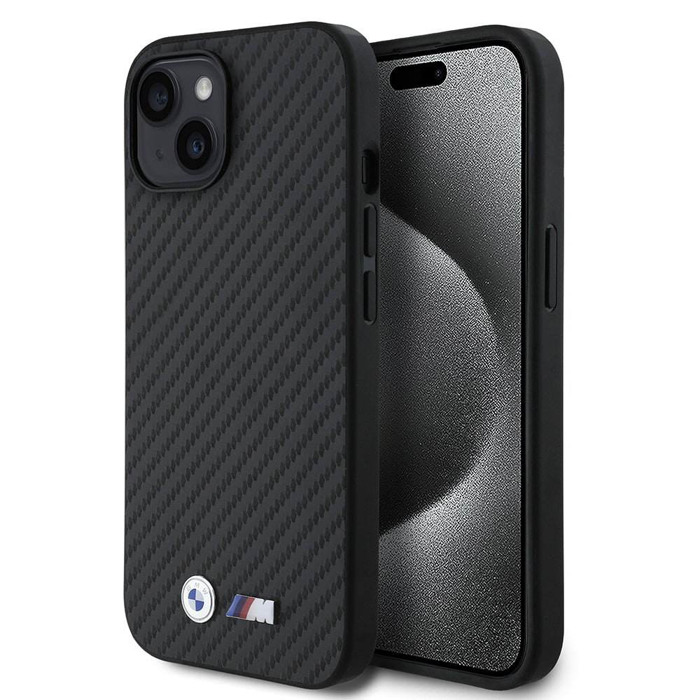 iPhone 15 Kılıf BMW Orijinal Lisanslı Karbon Fiber Tasarımlı ve Metal Logolu PU Deri Kılıf
