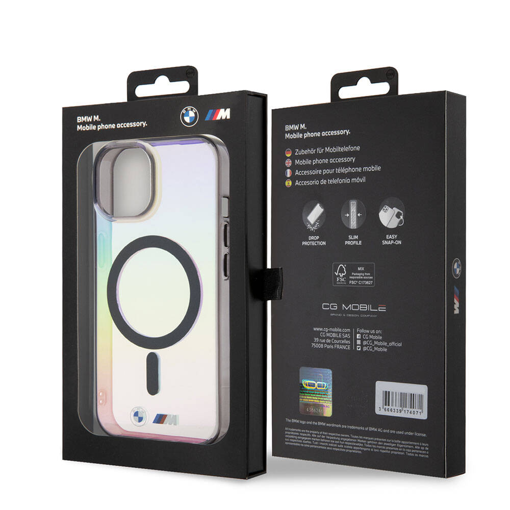 iPhone 15 Kılıf BMW M-safe Şarj Özellikli Transparan Renk Geçişli Iridescent Orijinal Lisanslı Kılıf