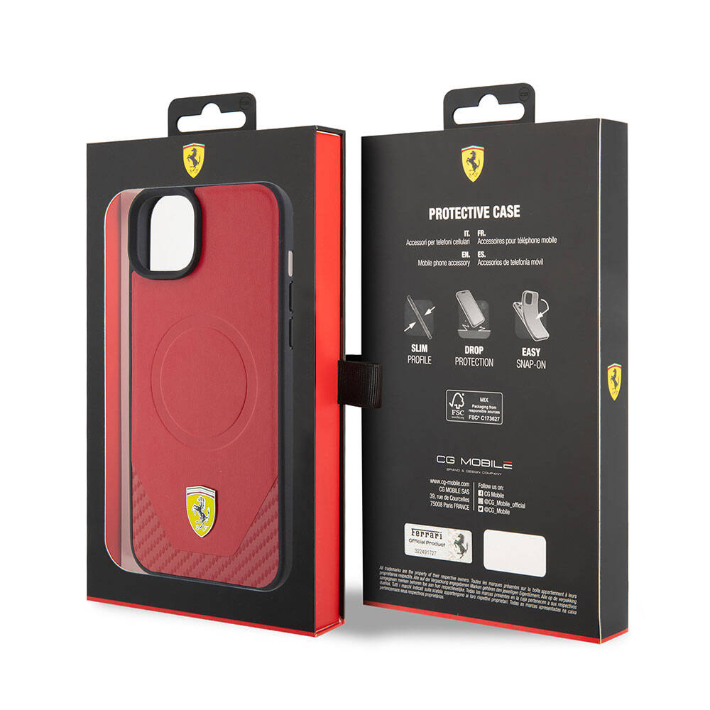 iPhone 15 Kılıf Ferrari Orijinal Lisanslı M-safe Şarj Özellikli Metal Logolu PU Karbon Kılıf