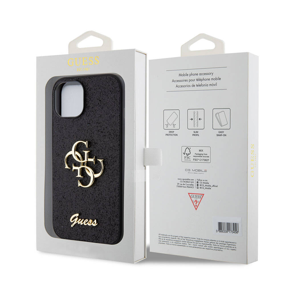 iPhone 15 Kılıf Guess Orijinal Lisanslı 4G Büyük Metal Logolu Glitter Kılıf