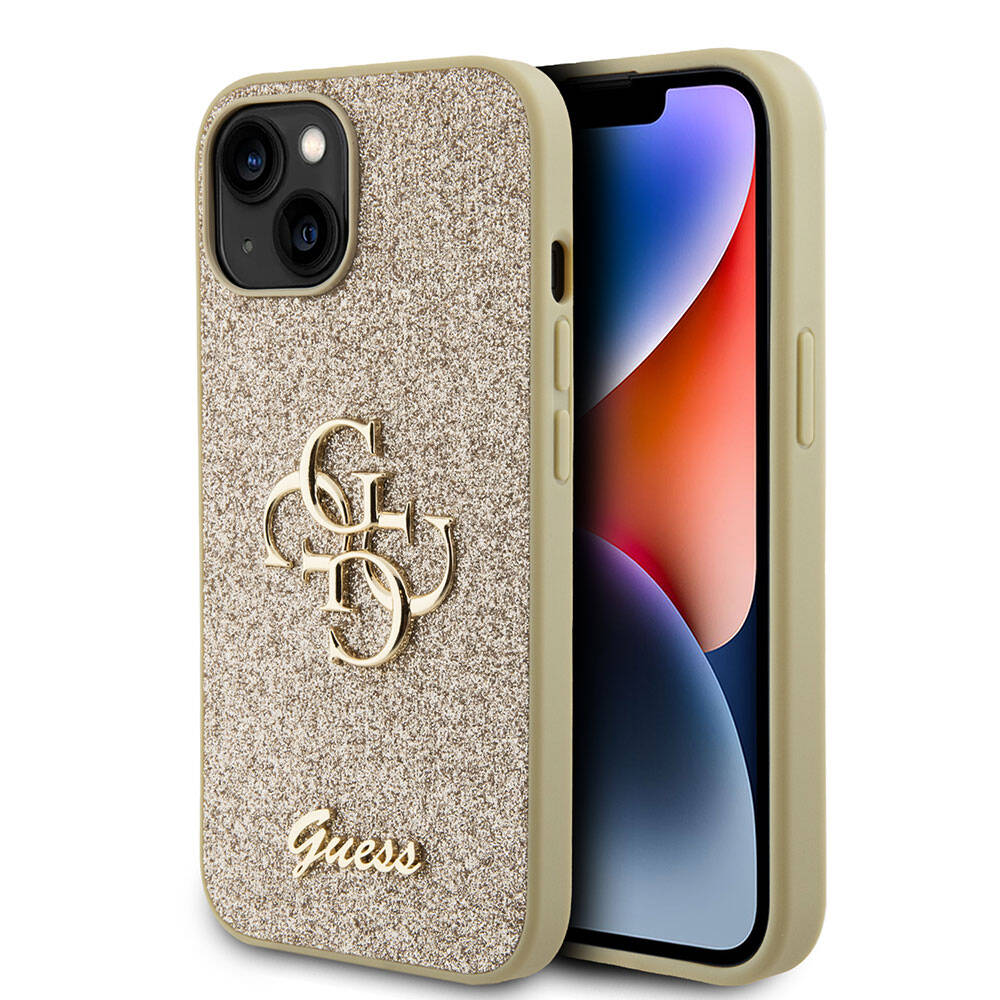 iPhone 15 Kılıf Guess Orijinal Lisanslı 4G Büyük Metal Logolu Glitter Kılıf