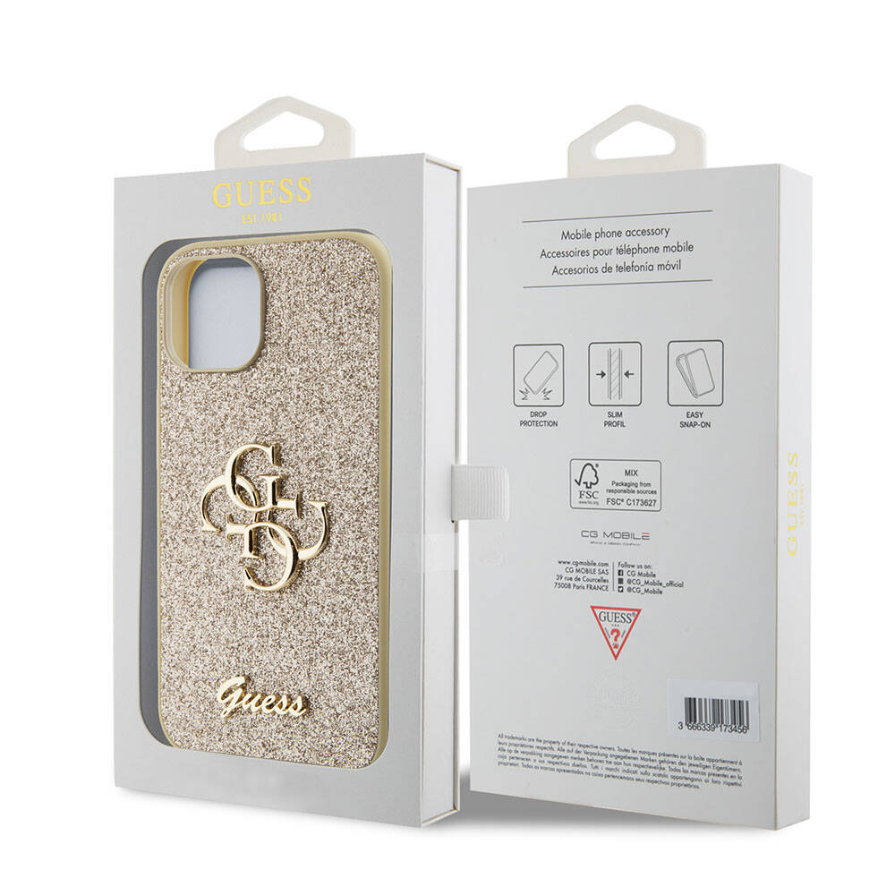 iPhone 15 Kılıf Guess Orijinal Lisanslı 4G Büyük Metal Logolu Glitter Kılıf