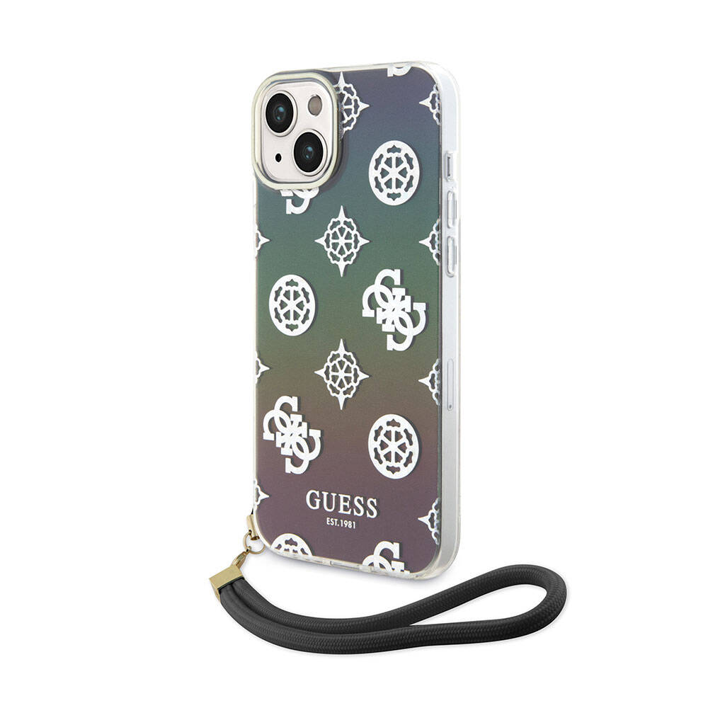 iPhone 15 Kılıf Guess Orijinal Lisanslı Desenli Yazı Logolu Askı İpli Holografik Glitter Peony Kılıf