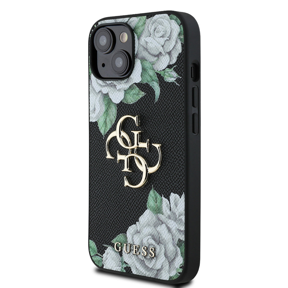 iPhone 15 Kılıf Guess Orijinal Lisanslı Gül Baskılı Büyük Metal Logo Dizaynlı Kılıf