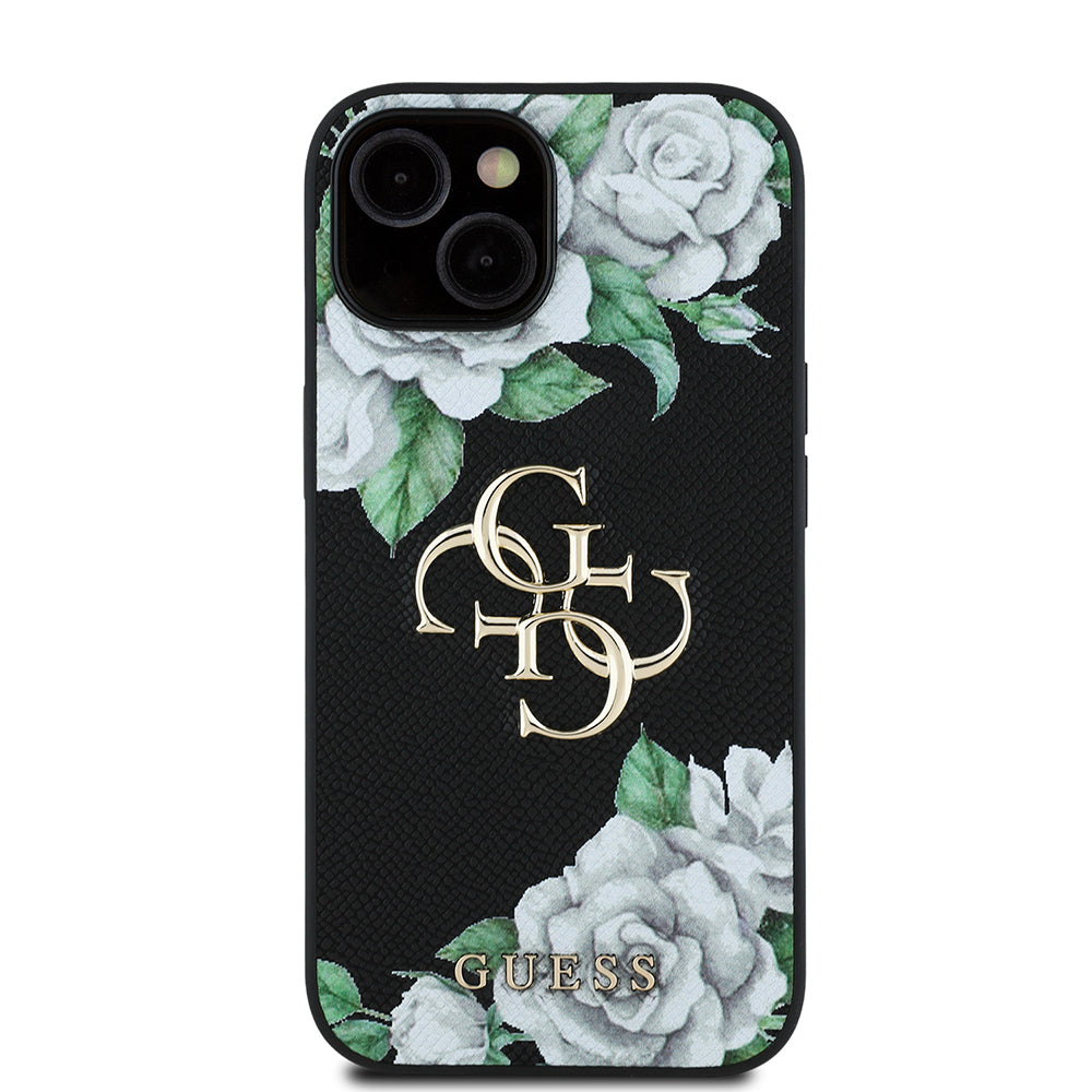 iPhone 15 Kılıf Guess Orijinal Lisanslı Gül Baskılı Büyük Metal Logo Dizaynlı Kılıf