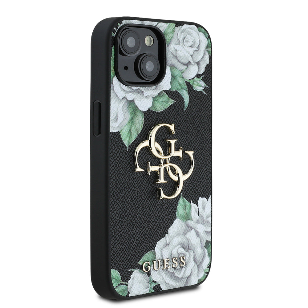 iPhone 15 Kılıf Guess Orijinal Lisanslı Gül Baskılı Büyük Metal Logo Dizaynlı Kılıf