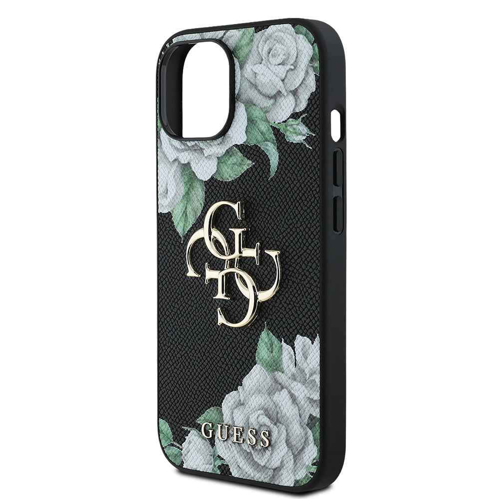 iPhone 15 Kılıf Guess Orijinal Lisanslı Gül Baskılı Büyük Metal Logo Dizaynlı Kılıf