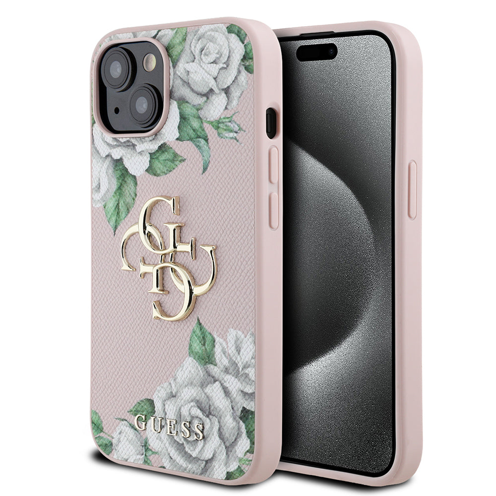 iPhone 15 Kılıf Guess Orijinal Lisanslı Gül Baskılı Büyük Metal Logo Dizaynlı Kılıf
