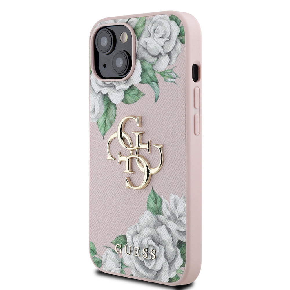 iPhone 15 Kılıf Guess Orijinal Lisanslı Gül Baskılı Büyük Metal Logo Dizaynlı Kılıf